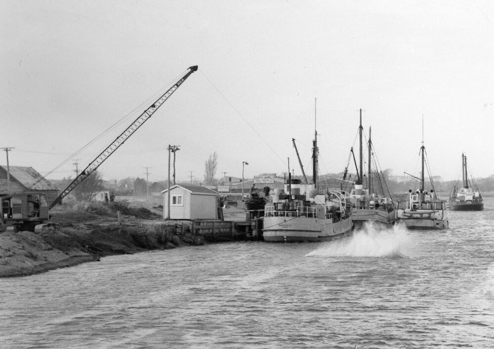 Four ships berthed at the Port of Kaiapoi, 1964