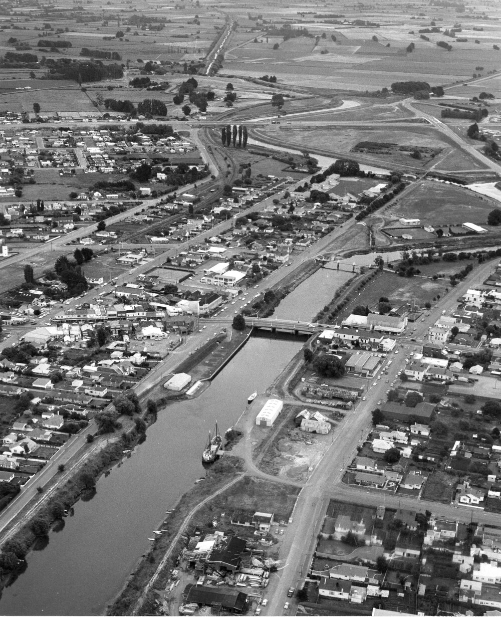 An aerial view of the centre of Kaiapoi, 1970