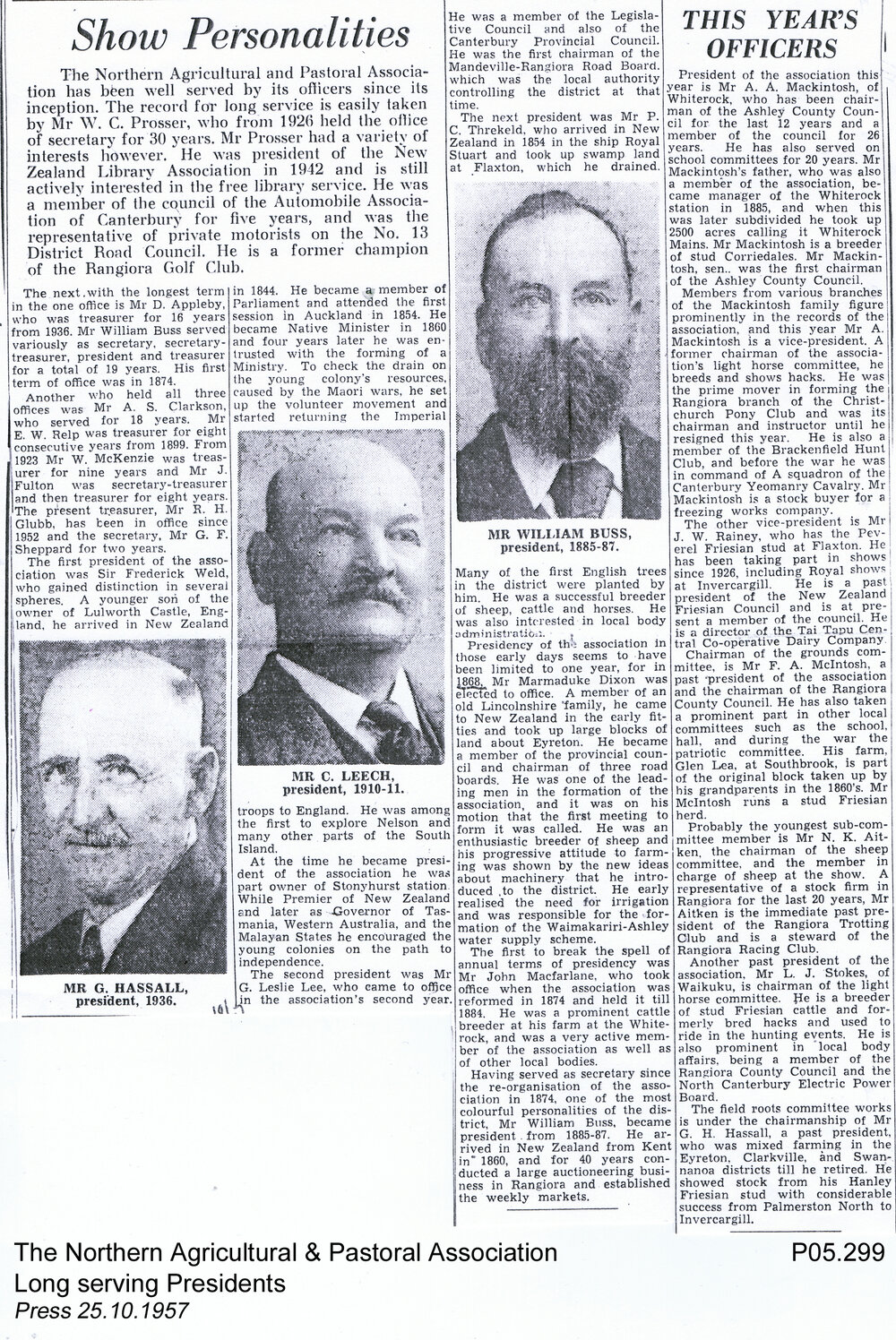  Northern Agricultural &amp; Pastoral Association long serving preseidents, 1957