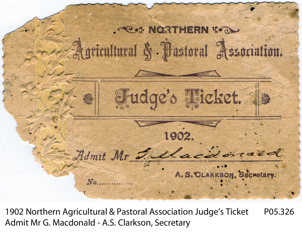  Northern Agricultural &amp; Pastoral Association show 1902 judge's ticket