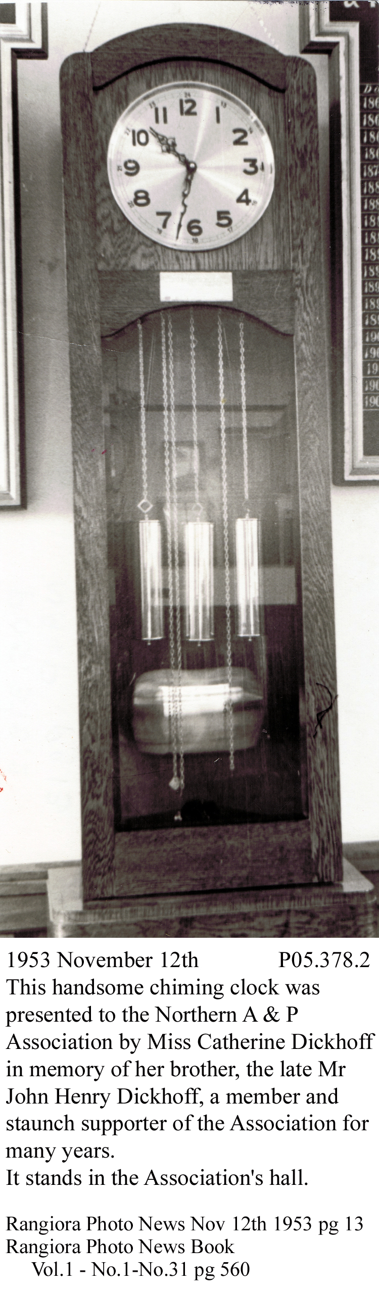 Chiming clock, presented to the Northern Agricultural &amp; Pastoral  Association, 1953