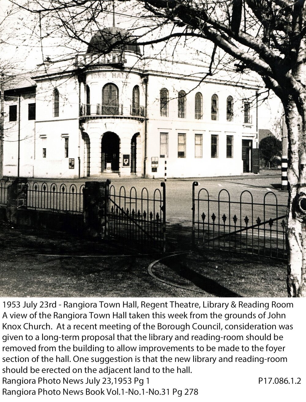 Rangiora Town Hall, Regent Theatre, and Library &amp; Reading Room, c. 1953