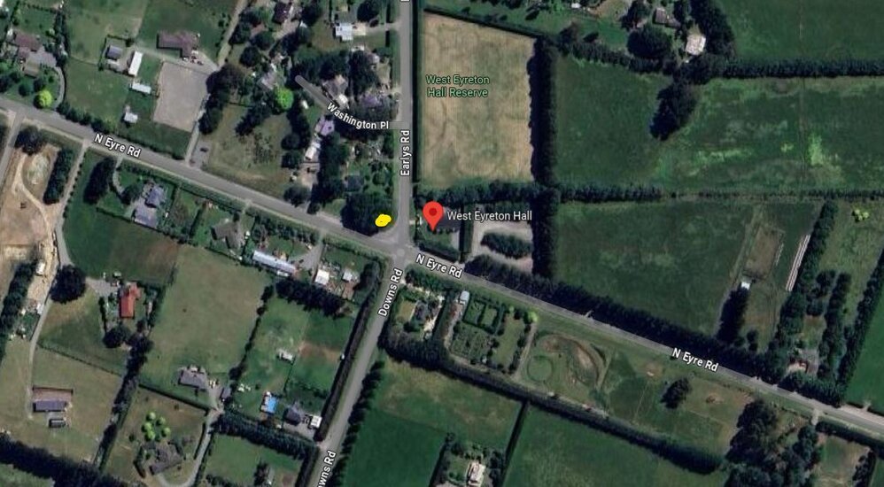 Aerial view of intersection of North Eyre Road, Downs Road and Earlys Road, West Eyreton