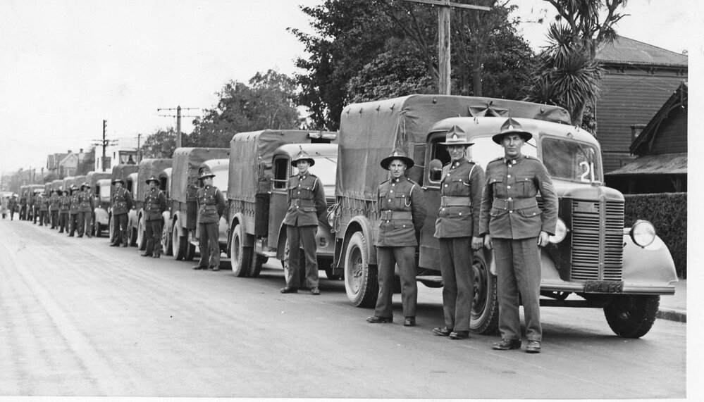 Terrtitorials leaving for camp. Lorries lined up before the departure for Rangiora