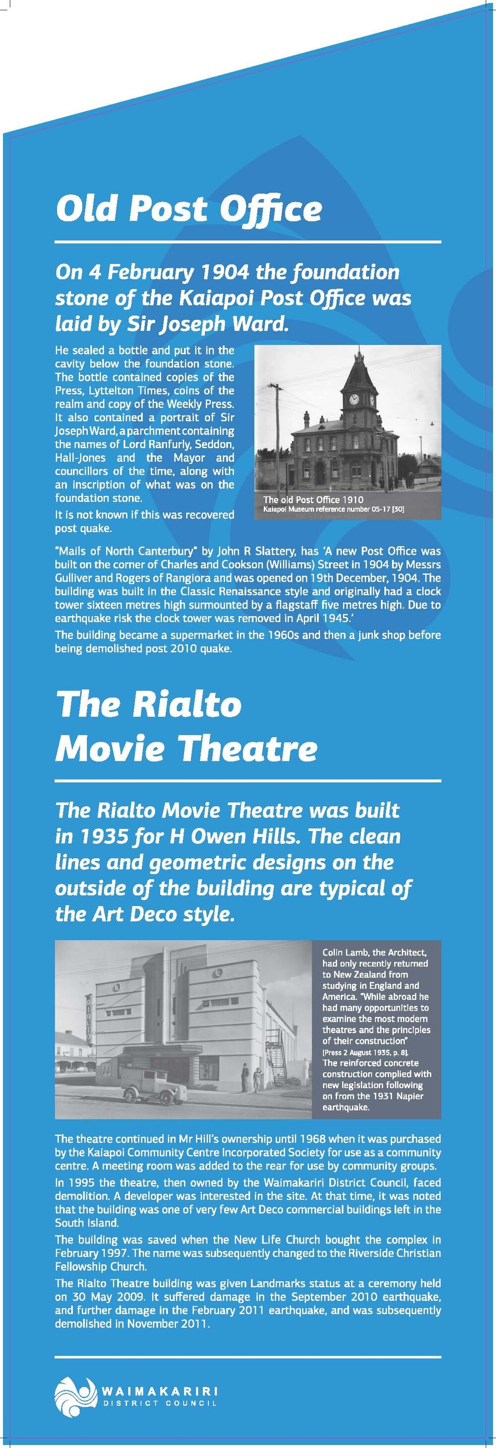 Old Post Office and the Rialto Movie Theatre -  Kaiapoi interpretative sign