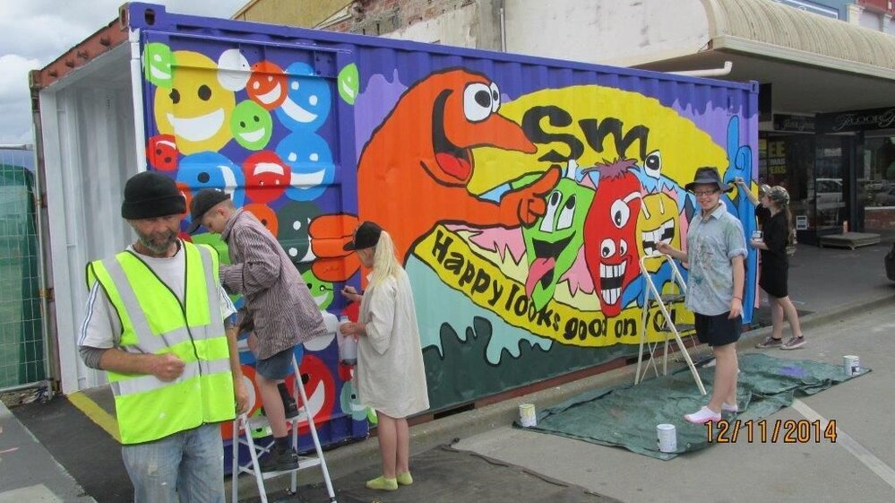 A container decorated by Rangiora Borough School students, High Street Rangiora, 2014