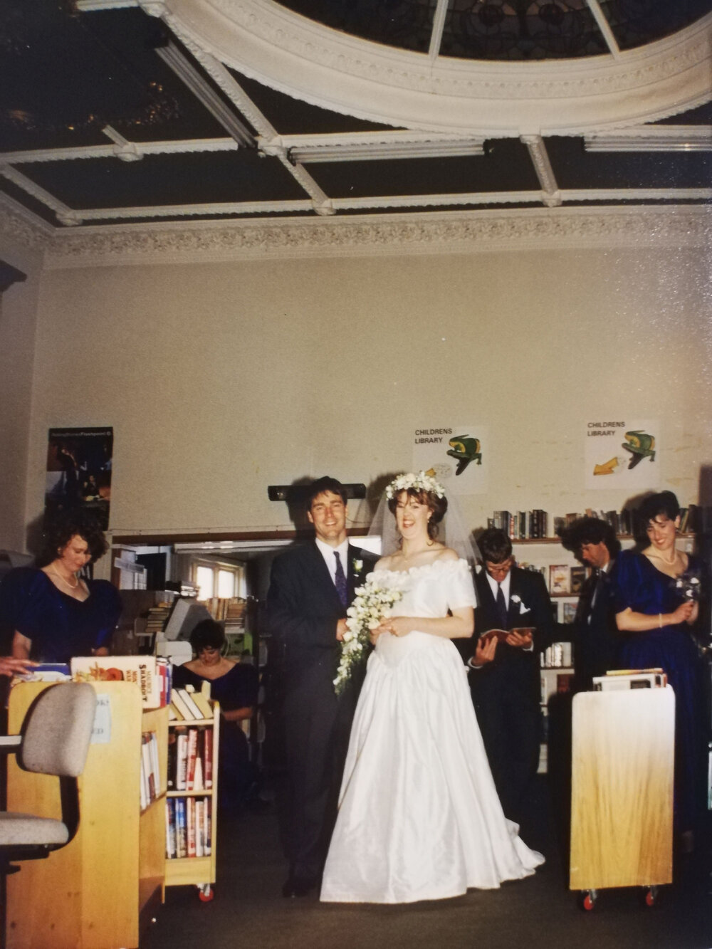 Sally and Mark O'Connell's wedding photo inside the Rangiora Library 27 November 1993