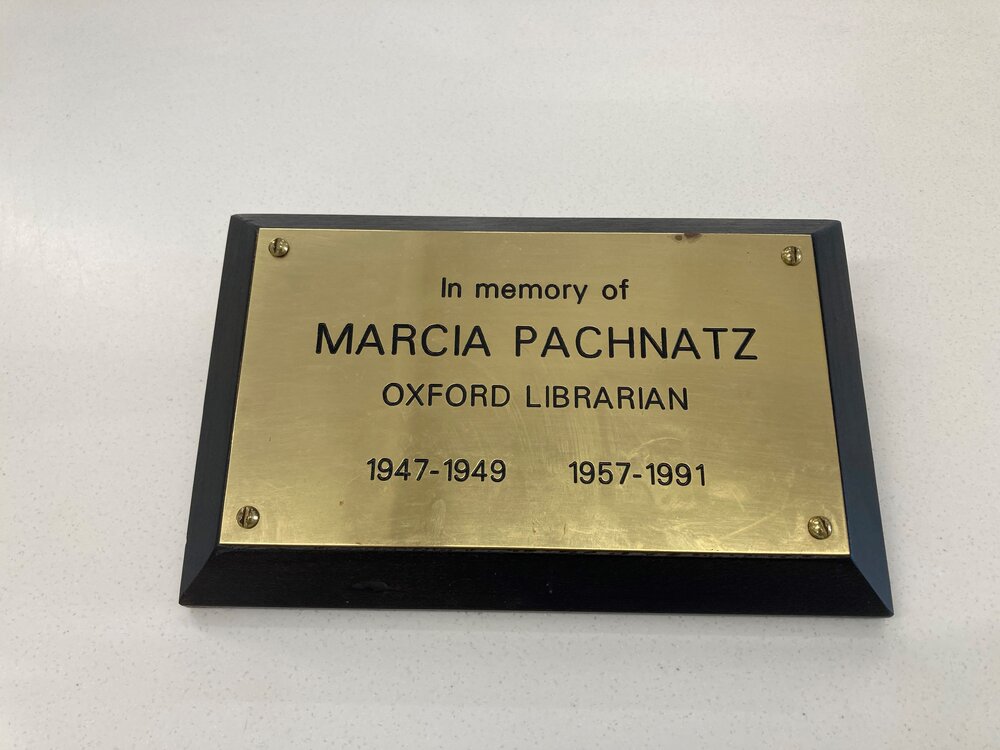 Commemorative plaque for Marcia Pachnatz, Oxford Librarian