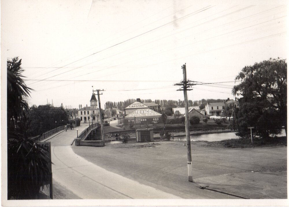 A view of Kaiapoi showing the Post Office and the bridge at the Raven Quay corner