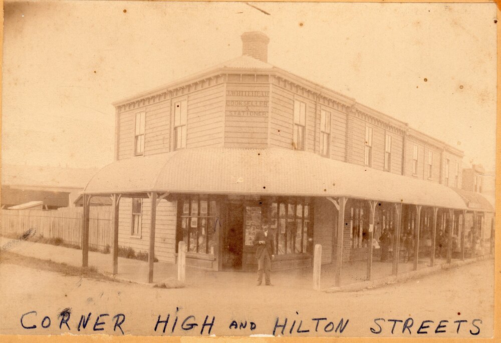 J. Whitehead Booksellers, corner of High and Hilton Street, Kaiapoi