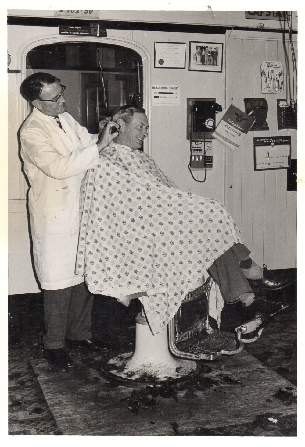Jim Thomson in his salon, Hansen's building, Williams Street, Kaiapoi