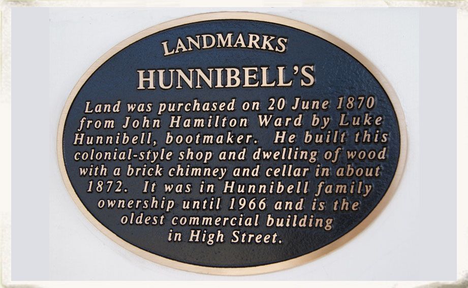 Landmarks plaque for Hunnibell's building, High Street, Rangiora