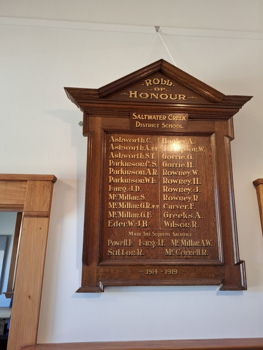 Saltwater Creek District School honours board, Kowai Archives, Balcairn