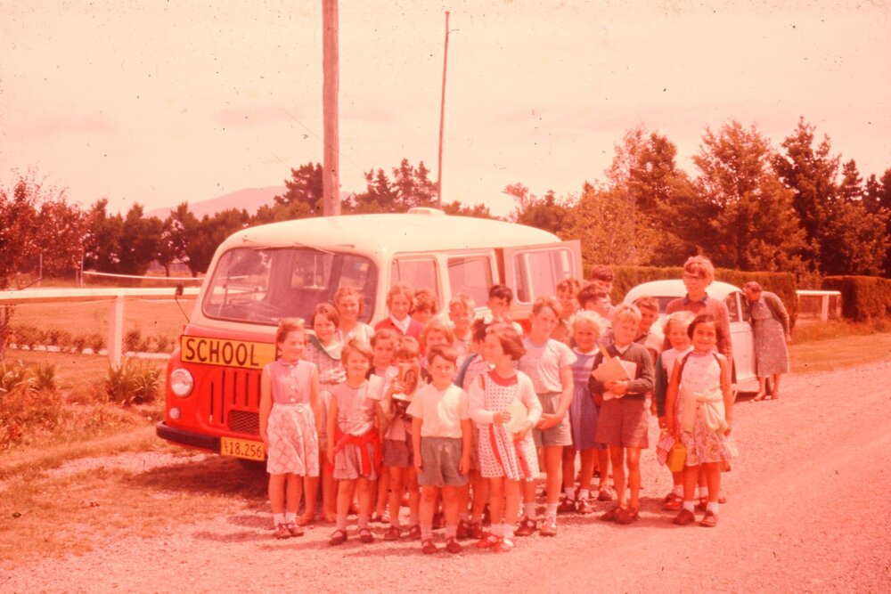 North Loburn School bus and students, 1950s