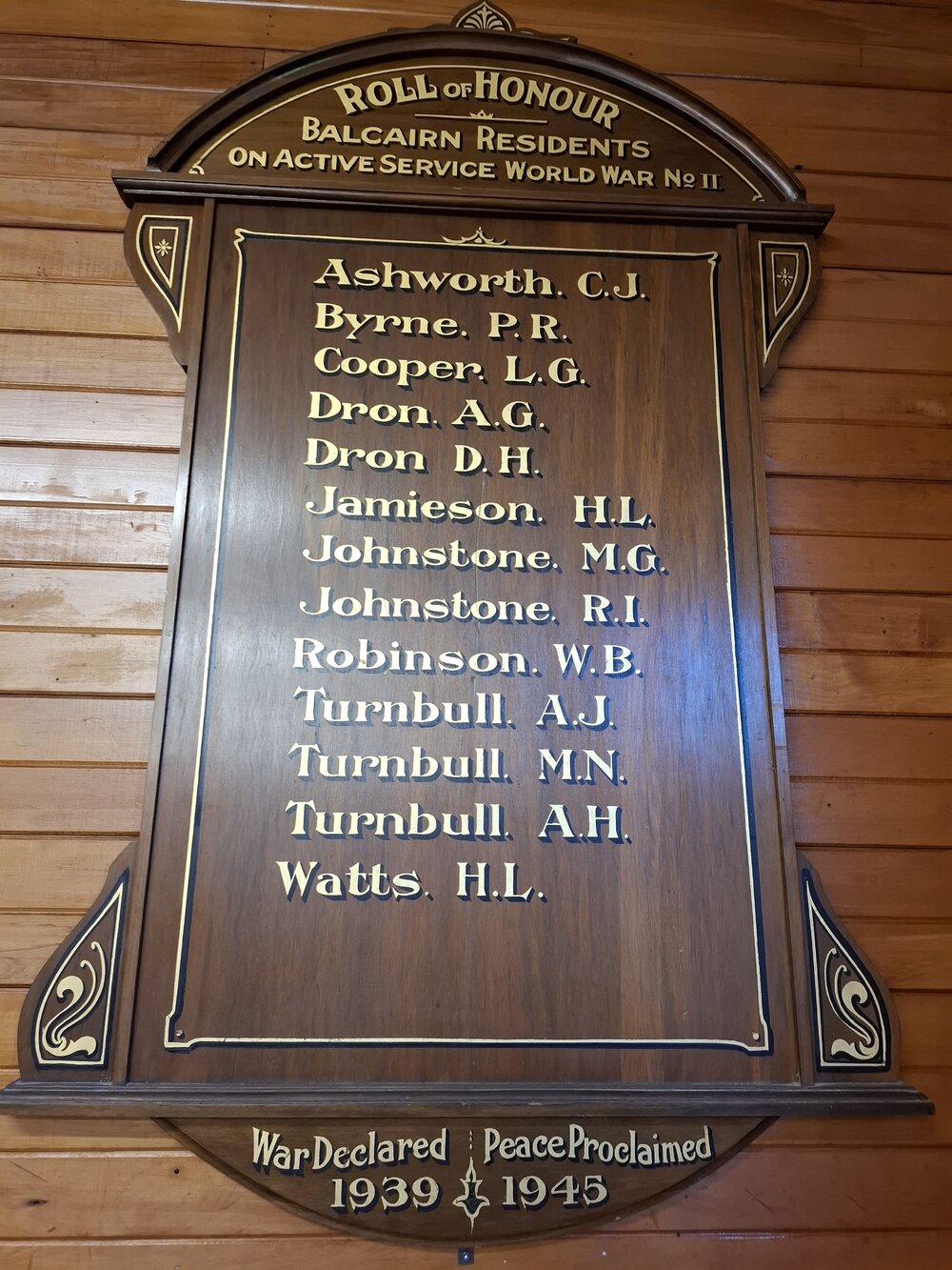 World War II Roll of Honour board, Balcairn Hall