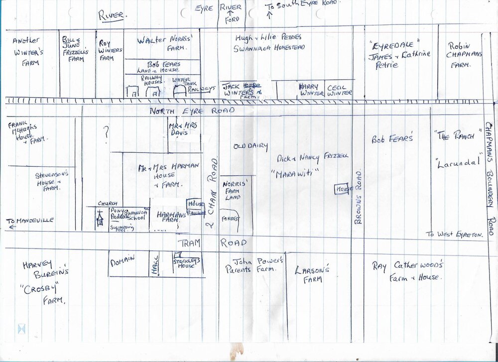 Hand drawn map of Swannanoa showing location of farms and families, 1940s to 1960s