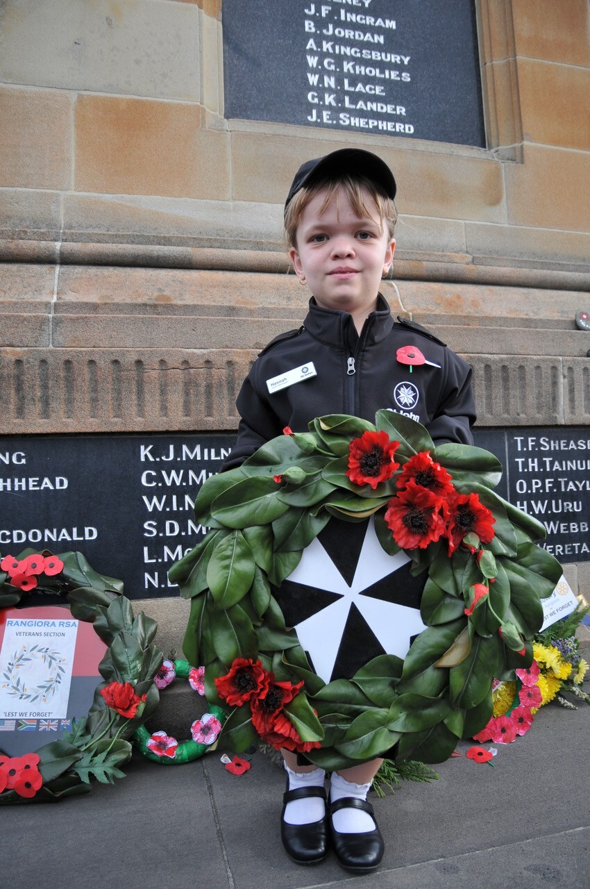 Hannah Weyland-Smith,  St John Ambulance cadet, of Rangiora, wreath bearer for Waimakariri St John at the 2024 Rangiora Anzac Day Service, 2024  