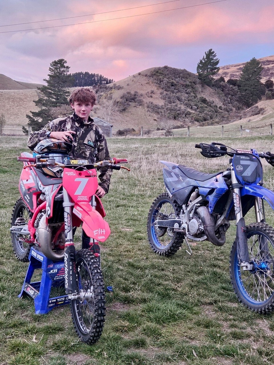 Richard Spencer, Honorary Human of Waimakariri, Cheviot Area School pupil Richard Spencer, aged 14, with his Yamaha motocross bikes at his parents' sheep and beef farm in the Ethelton Valley, near Cheviot, 2024