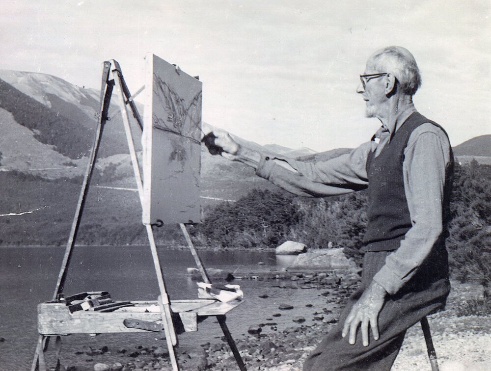 Sydney Lough Thompson 1877-1973 at his easel, possibly at Lake Pearson c.1955