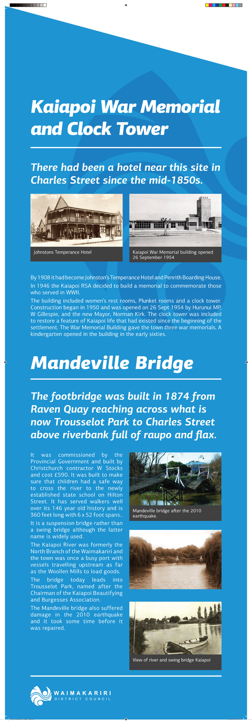 Kaiapoi War Memorial, Clock Tower and Mandeville Bridge - Kaiapoi interpretative sign