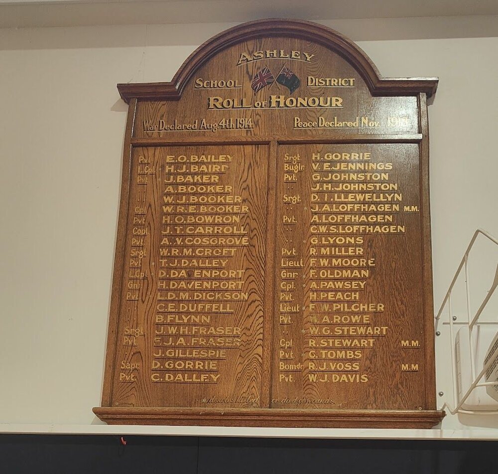 Ashley School District Roll of Honour 1915 to 1918, Ashley School