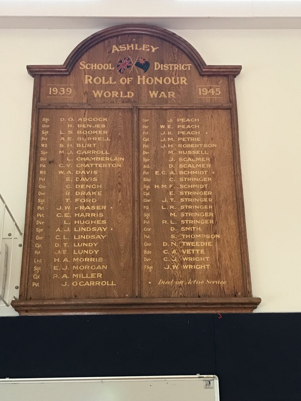 Ashley School District Roll of Honour, 1939 to 1945