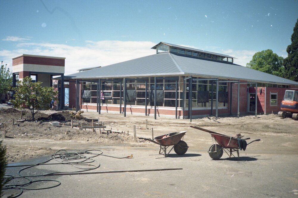 North-side view of Trevor Inch Memorial Library in construction, c. 1996