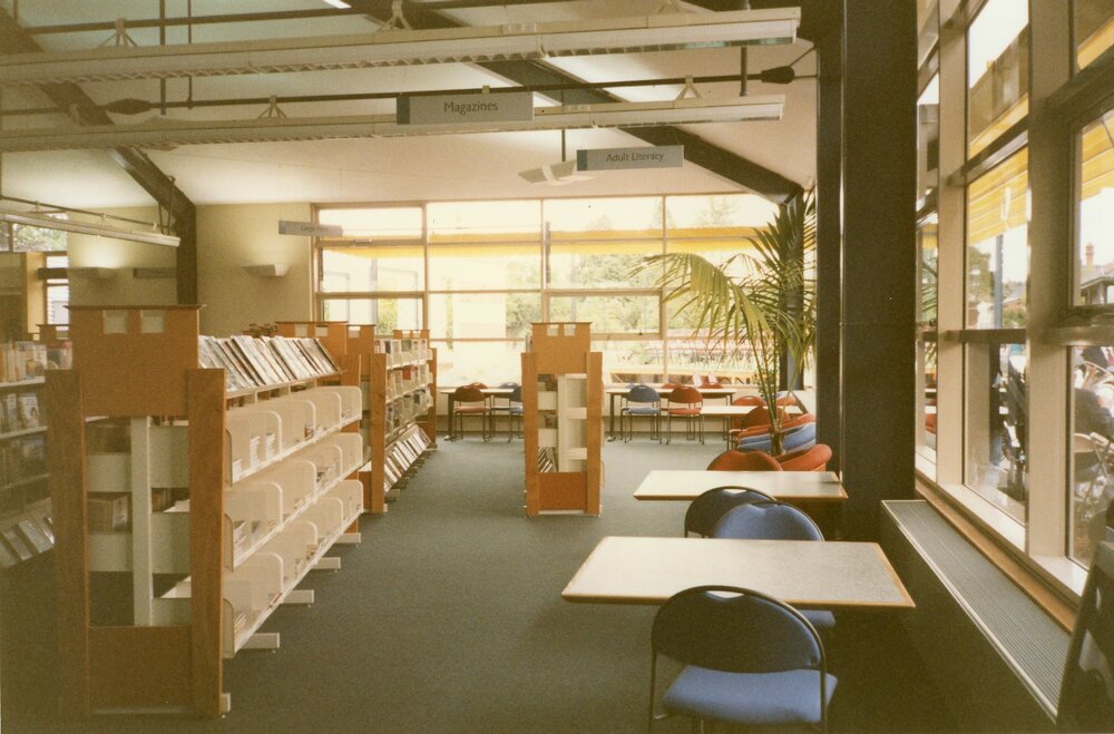 Inside the newly built Trevor Inch Memorial Library, c. 1996