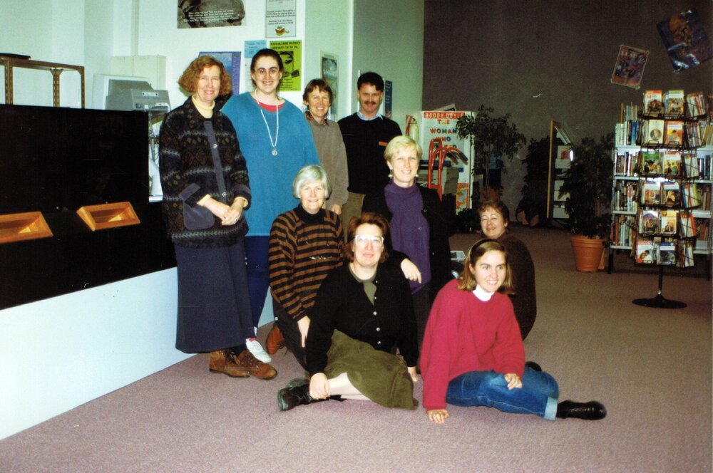 Staff in the temporary Rangiora Public Library on Alfred Street, 6 June 1996