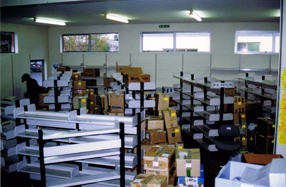 The old Rangiora Public Library packed up for relocation to a temporary space, 30 May 1996