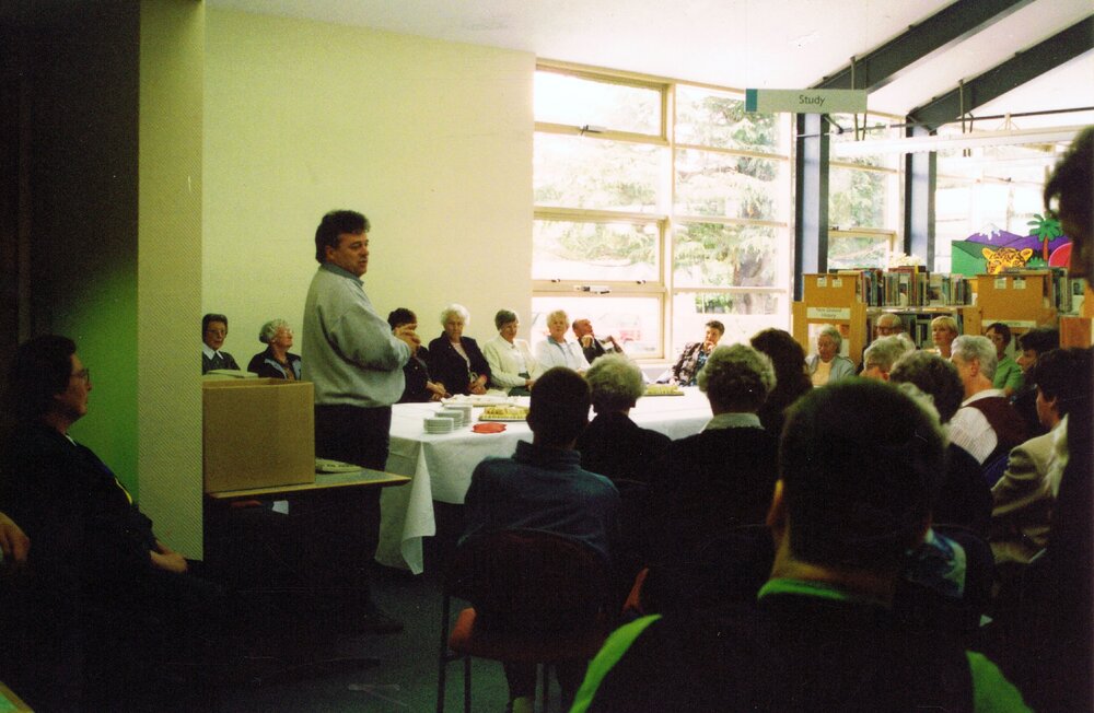 Library staff and volunteers gathered after the opening of the Trevor Inch Memorial Library, 21 December 1996