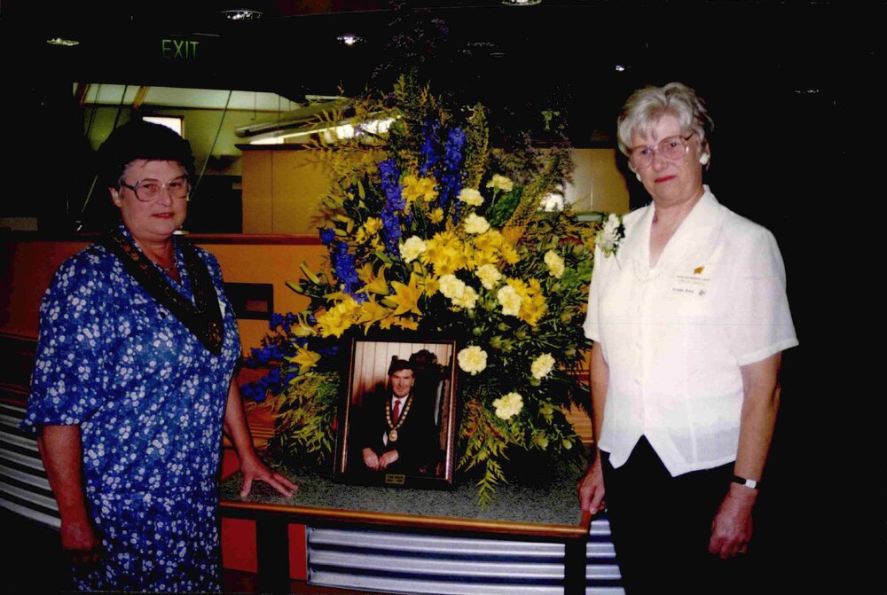 Waimakariri District Mayor Janice Skurr, and Eileen Inch, on opening day of Trevor Inch Memorial Library, 21 December 1996