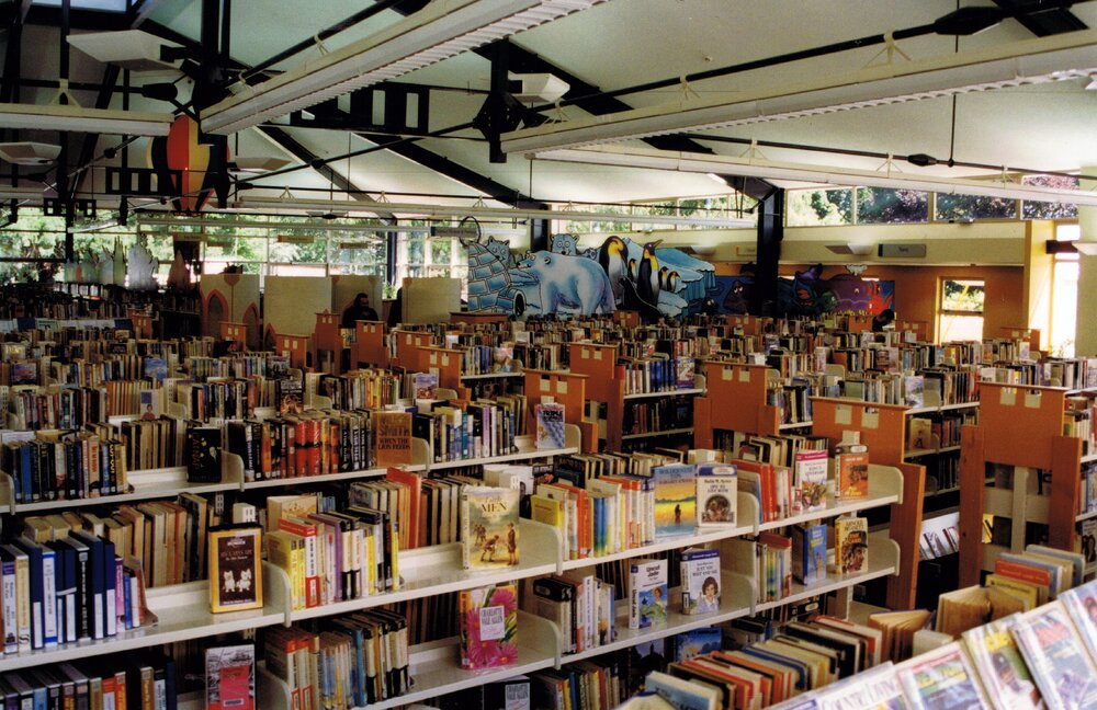 The newly-built Trevor Inch Memorial Library stocked ahead of the official opening, 10 December 1996 