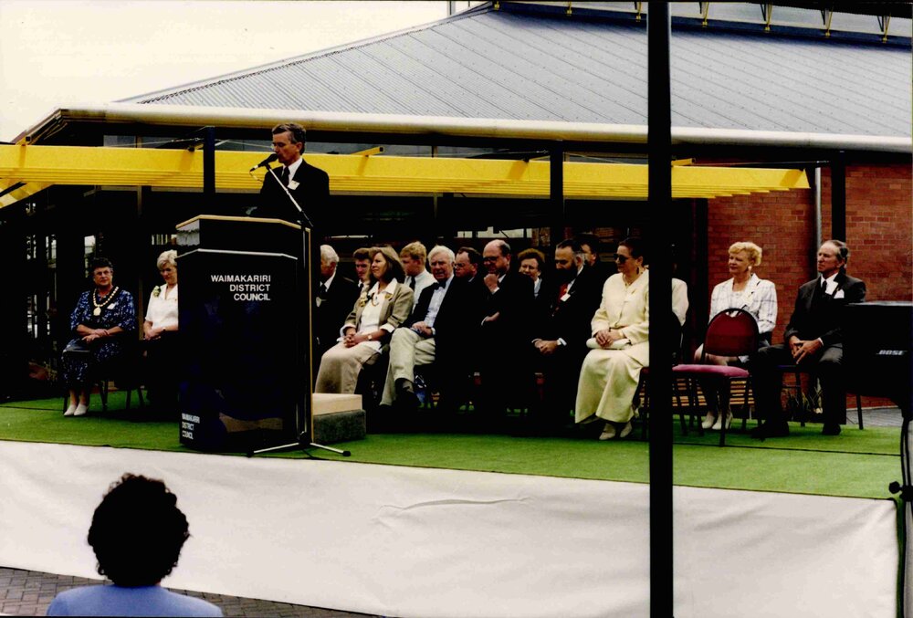 Waimakariri District Council deputy mayor David Ayers speaking at the Trevor Inch Memorial Library official opening ceremony, 21 December 1996
