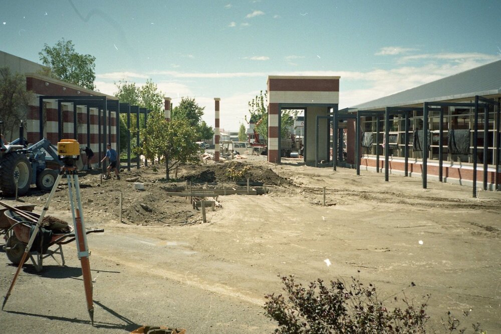 North-side view of Trevor Inch Memorial Library building main entrance in construction, c. 1996