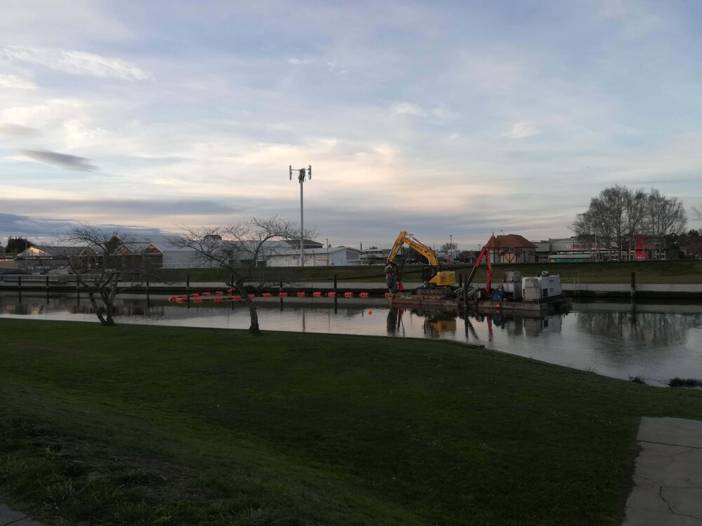 Kaiapoi River dredging opposite Kaiapoi Library, c.2019