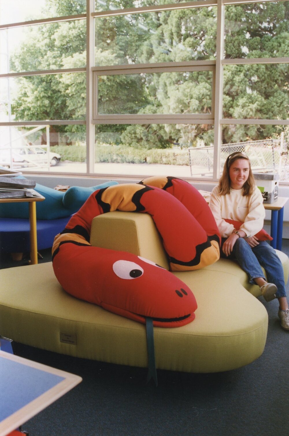 Librarian Julie Schofield in the children's area of the newly built Trevor Inch Memorial Library, 4 December 1996