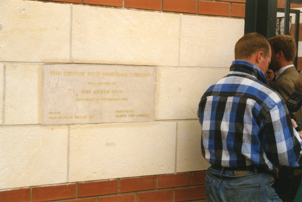 The Trevor Inch Memorial Library official plaque on opening day, 21 December 1996