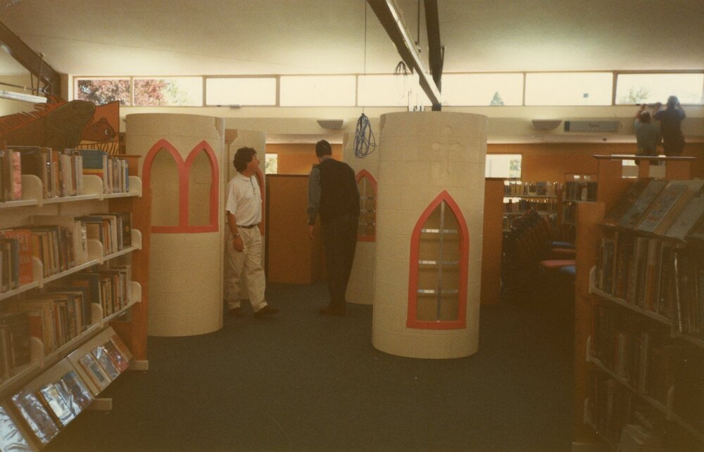 The children's castle in construction in the newly-built Trevor Inch Memorial Library, c. December 1996