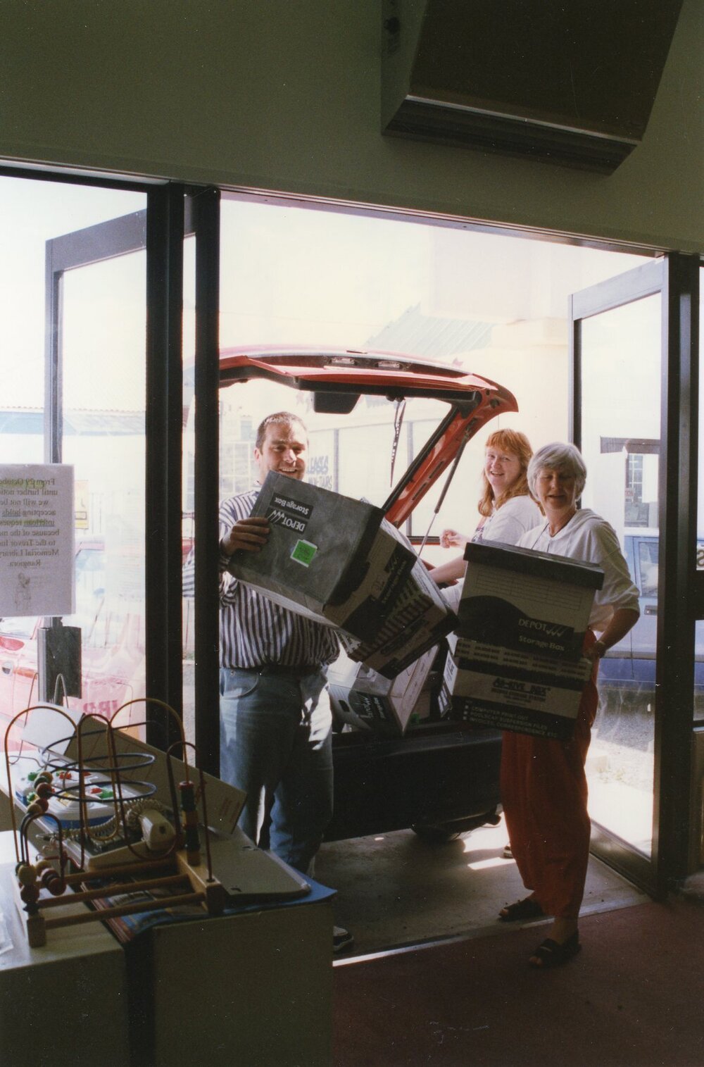 Empty moving boxes arriving to the temporary Rangiora Public Library, 4 December 1996