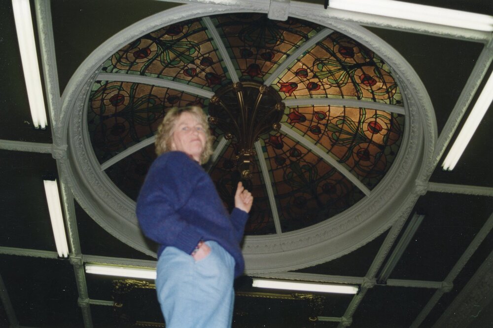 Librarian Lois Inch underneath the chamber dome in the Rangiora Public Library, 30 May 1996