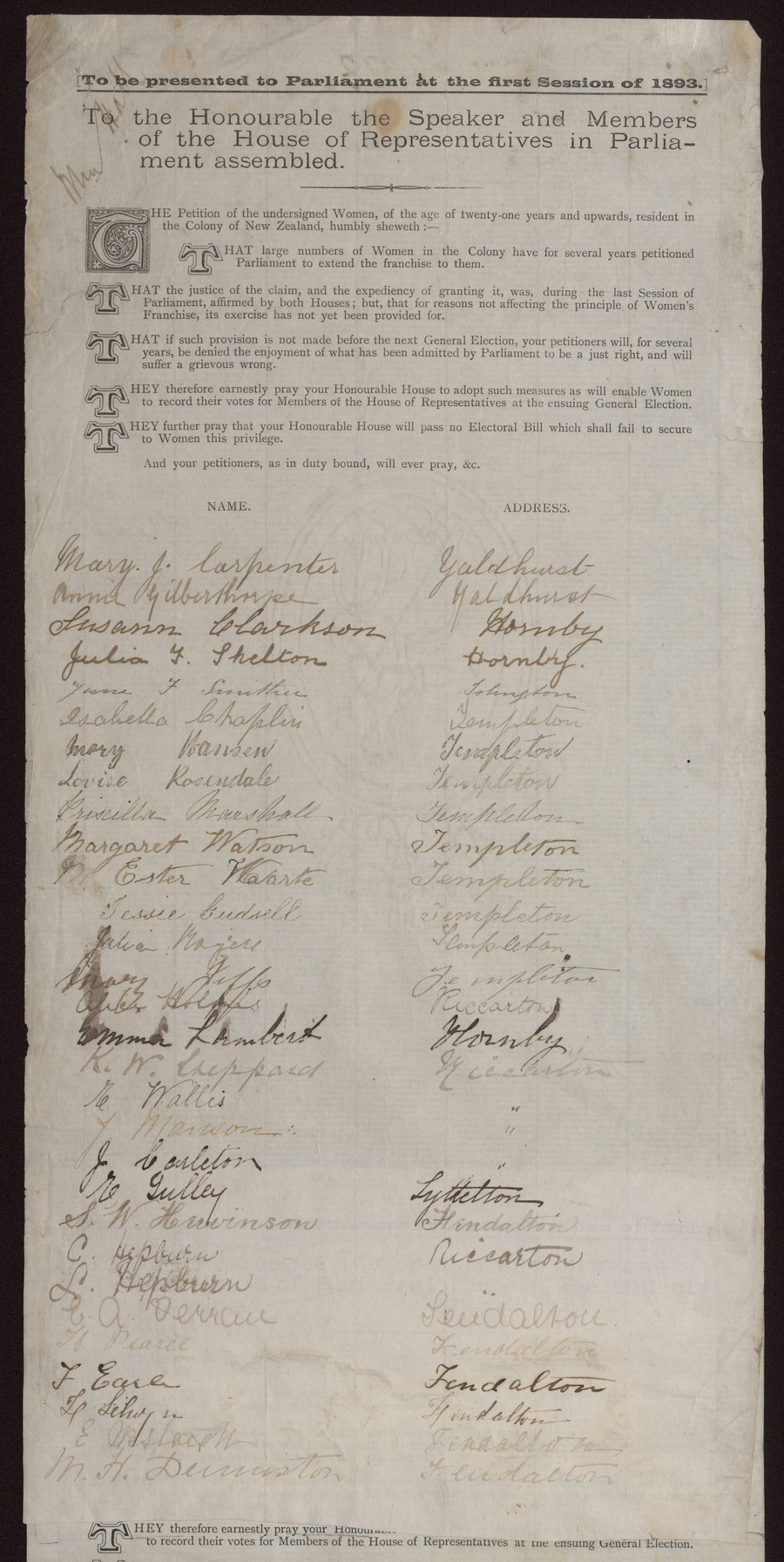 NZ Women's Suffrage Petition Roll, Waimakariri District (part I of IV) - 1893
