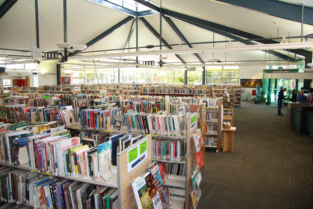 Looking across the shelves in the Trevor Inch Memorial Library, 27 January 2014