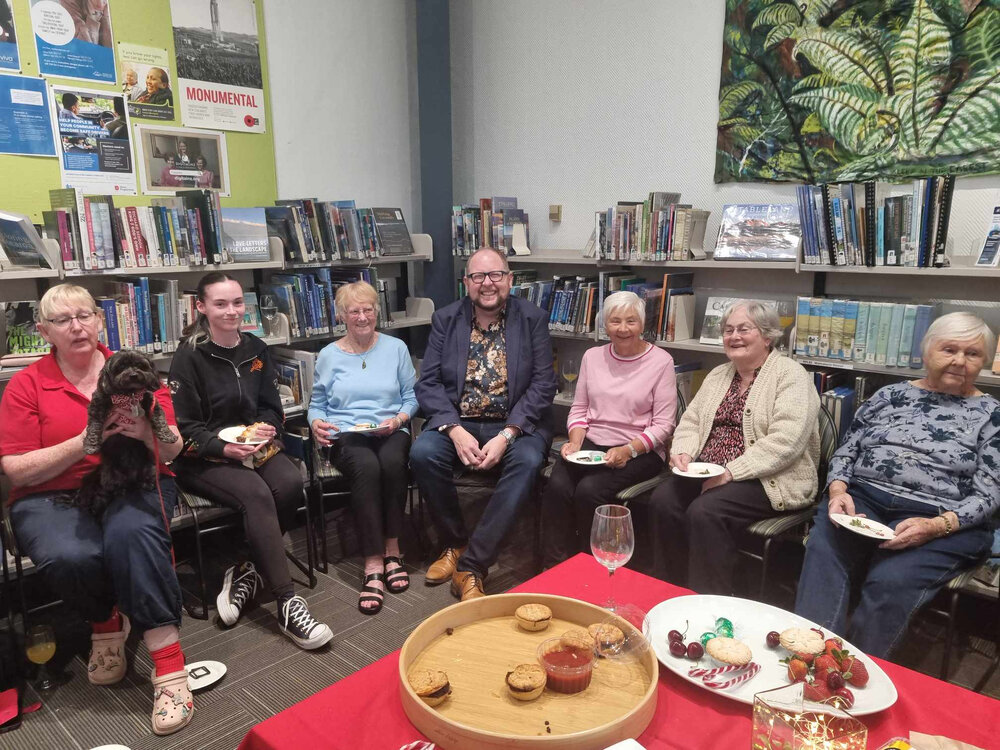 Waimakariri Libraries Christmas volunteers morning tea with mayor Dan Gordon, at the Trevor Inch Memorial Library, 2 December 2024