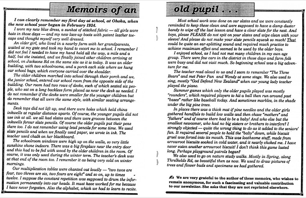 Runa Williams, Memoirs of an Ohoka School Pupil