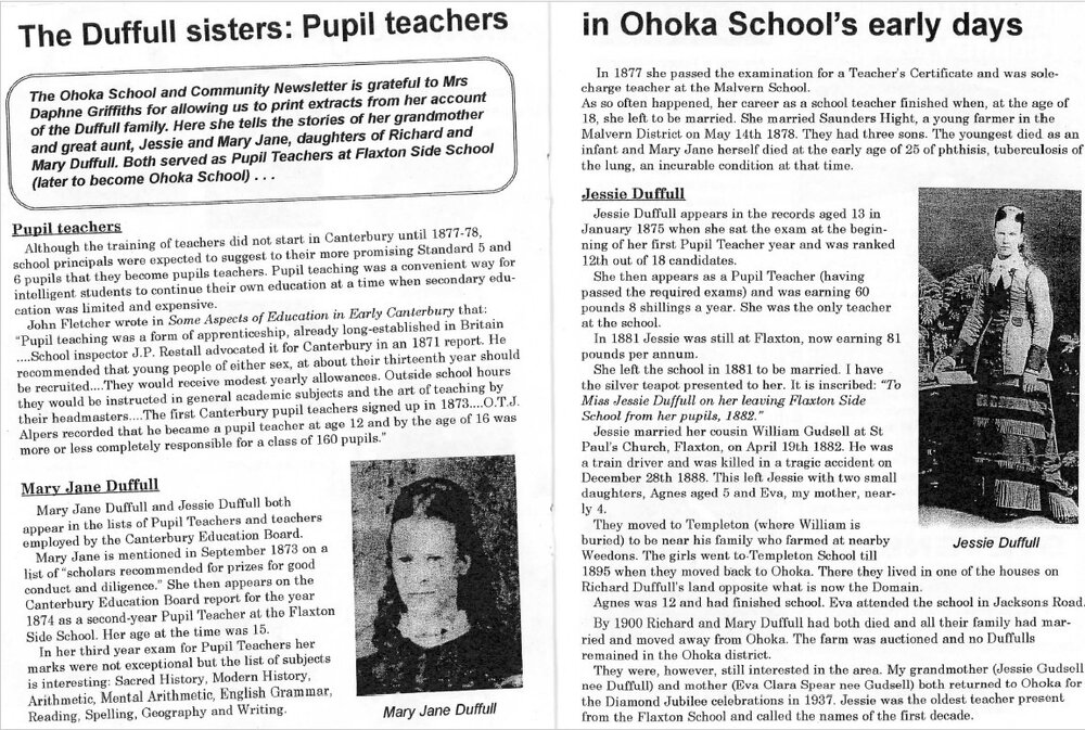 The Duffull sisters - pupil teachers, Ohoka School, Part I &amp; II.