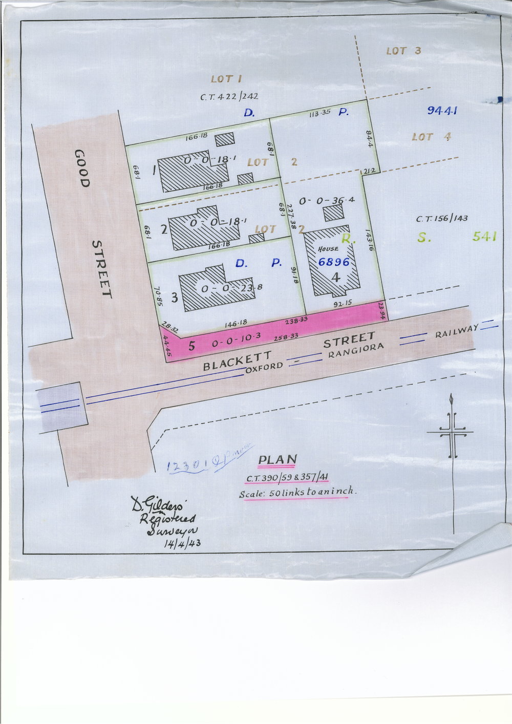 Surveyors map of the corner of Blackett and Good Streets