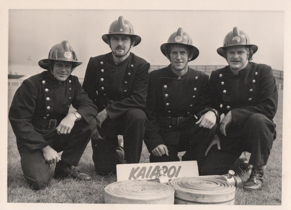 Kaiapoi Volunteer Fire Brigade team at NZ National Competition Addington, c.1975