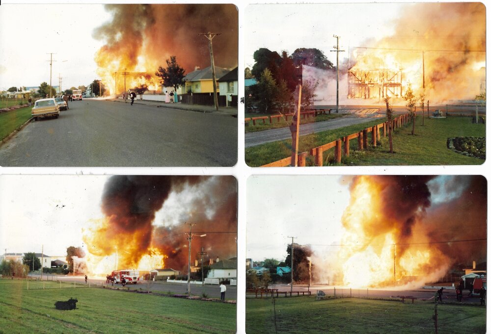 Fire at Charlie William's shed, Charles Street, Kaiapoi, c.1978
