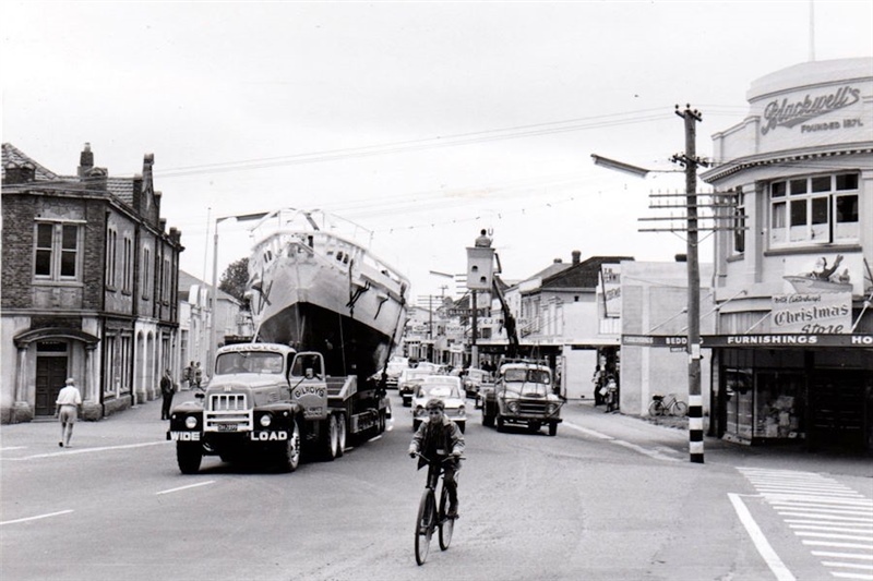 Transporting ARIANA to slipway for launch, Kaiapoi